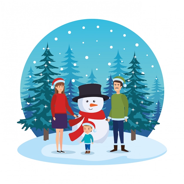Parents couple with kids and snowman in snowscape