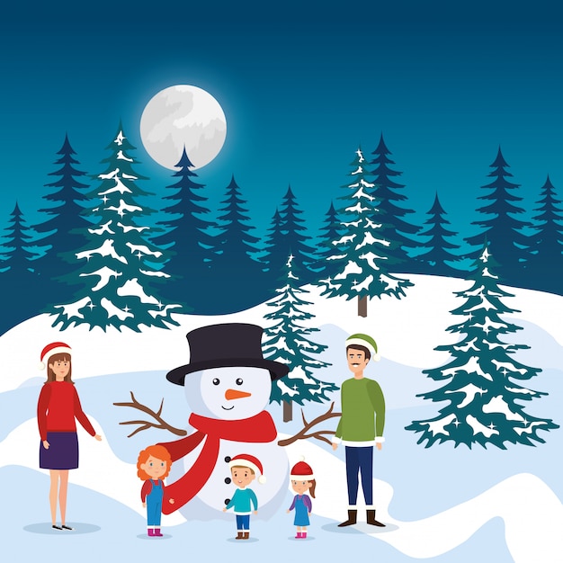 Parents couple with kids and snowman in snowscape