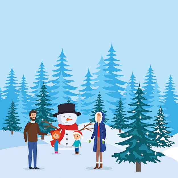 Parents couple with kids and snowman in snowscape