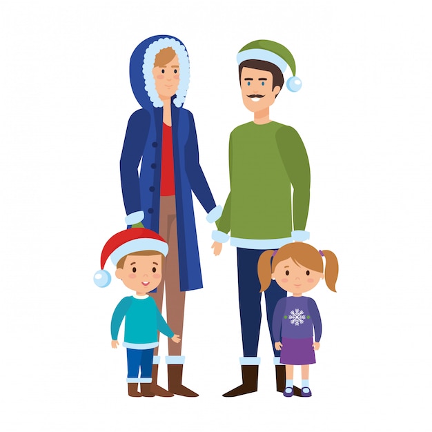 Parents couple with kids and winter clothes