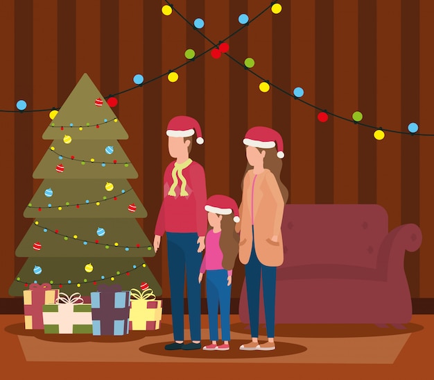 両親と娘のツリーとリビングルームでクリスマスを祝う