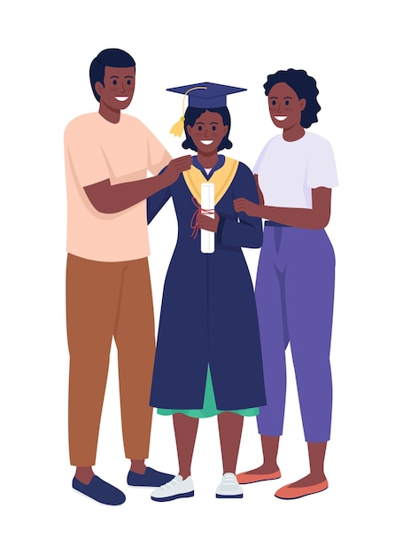 Parents and daughter graduate semi flat color vector characters Standing figures Full body people on white Graduation ceremony simple cartoon style illustration for web graphic design and animation