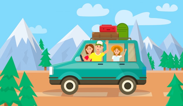 Vector parents and daughter traveling by car together