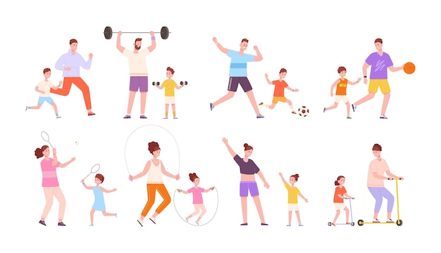 Vector parents fitness sports family practicing sportive exercise gym parent children sport activities fit training workout practice healthy diet cartoon splendid vector illustration