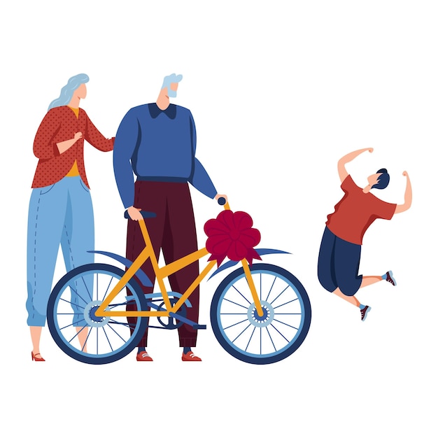 부모는 아들에게 자전거나 자전거를 준다 행복한 가족 어머니 아버지와 소년은 새로운 선물을 준다