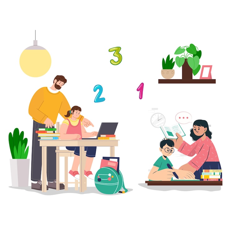 Vector parents help kid with maths problems and mother help in doing homework