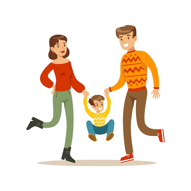 parents holding hands with kid happy family having good time together illustration