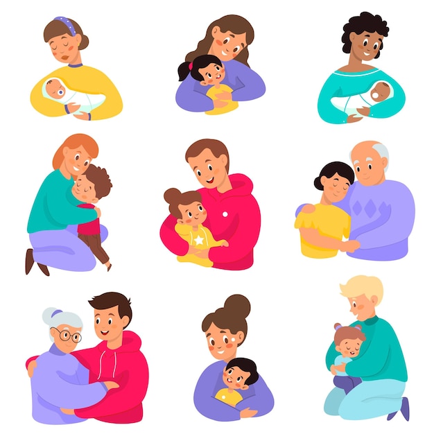 Vector parents hugging kids happy loving moms or dads embracing children different ages elderly people with toddlers family generation mothers holding newborn babies vector senior and young persons set