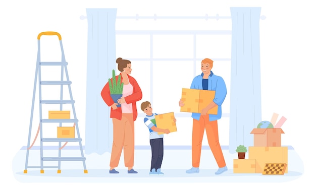 Vector parents and kid hold cardboard boxes family moving house