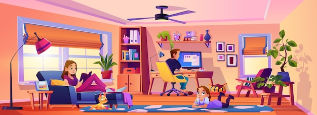 Vector parents and kid at home living room interior