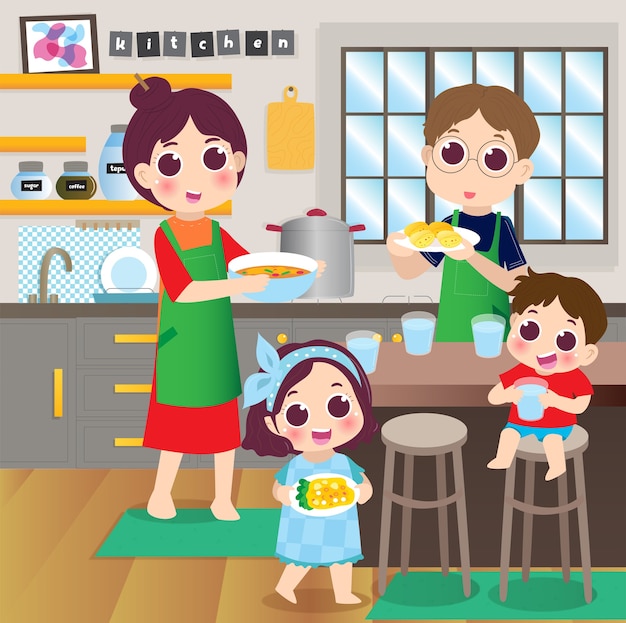 Vettore genitori e bambini che si divertono mentre cucinano
