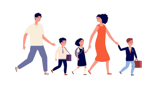 Parents and kids. Students go to school, large family mother father went their children to study. Schoolboy and schoolgirls, child in uniform vector illustration. School boy and girl go to school
