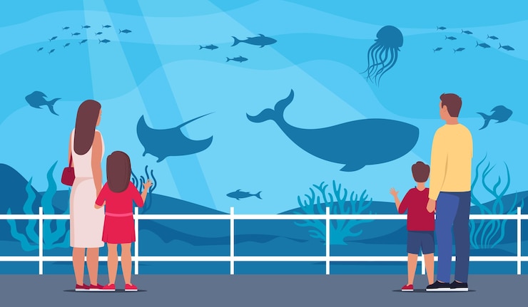 Vector 親と子供たちが海洋館で海の動物と一緒に水中風景を見ています 水中の動物