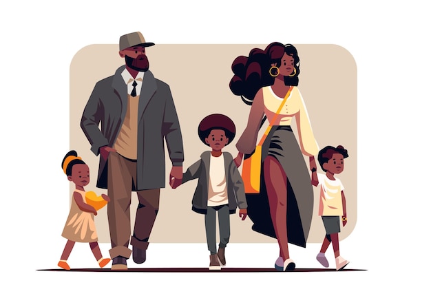 Vector parents and little children walking together african american family standing together parenthood concept