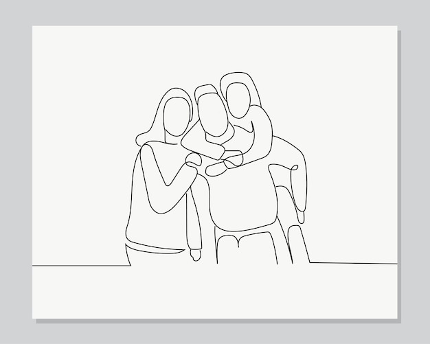 Parents mom dad with child kid daughter continuous one line illustration