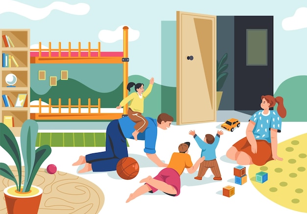 Vector parents playing toys mom dad and children play in toy game on floor in home nursery happy family relationship parent baby kids parenting leisure vector illustration of mother and father with kids