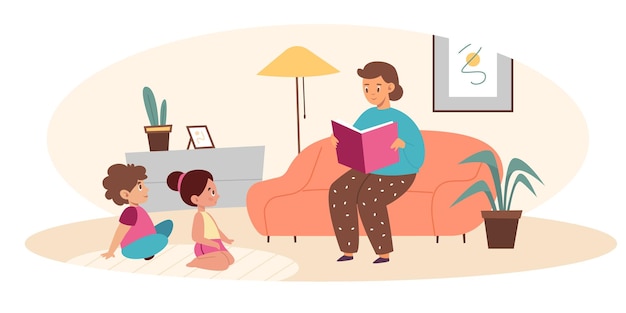 Vector parents read book kids mother reads fairy tale son and daughter happy family evening mom and children characters in living room interior entertainment literature vector concept