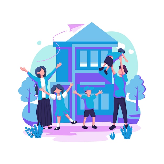 Parents rejoice with their children stand next to a new house flat style illustration