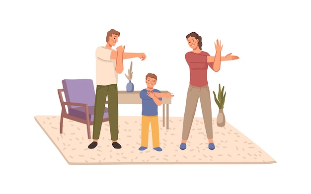 Vector parents and son exercise together at home