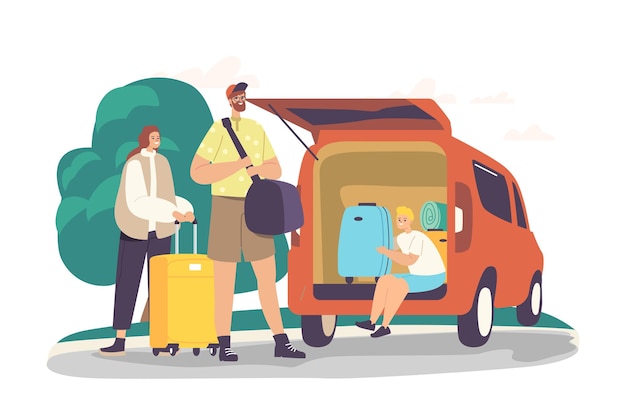 Parents and son road ready for journey. happy family characters loading bags into car trunk for travel. mother, father and excited child with luggage leaving home. cartoon people vector illustration