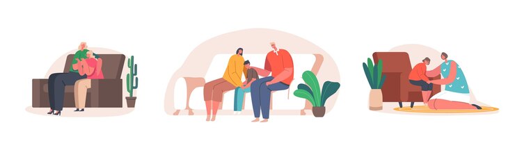 Vector parents support their children father and mother comforting kids upset son and daughter cry with stressed thoughts family characters solve teenager problem scene cartoon people vector illustration