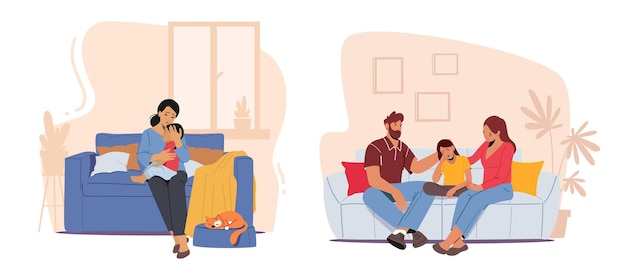 Vector parents support their children father and mother comforting kids upset son and daughter crying and feel upset family scene with characters solve kids problems cartoon people vector illustration