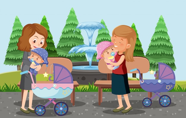 Parents take their children and baby stroller to the park cartoon style