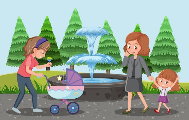 Vector parents take their children and baby stroller to the park cartoon style