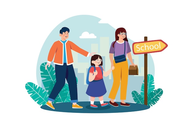 Parents take their children to school Illustration concept on white background