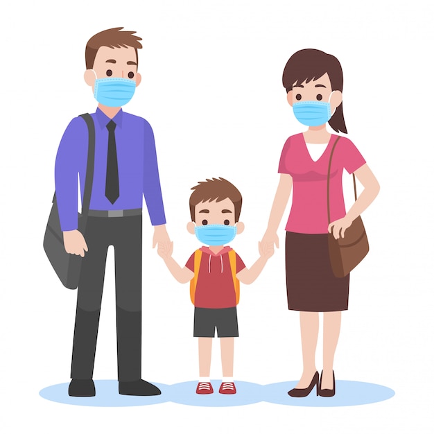 Vector parents take their children to the school wearing a surgical face mask