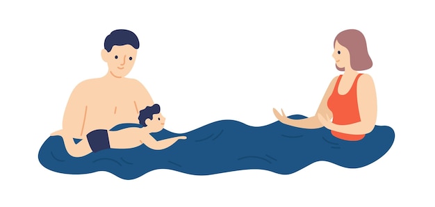 Genitori che insegnano al bambino a nuotare. famiglia in vacanza. madre e padre trascorrono del tempo con il bambino in piscina. scena di genitorialità e stile di vita attivo. illustrazione vettoriale in stile cartone animato piatto.