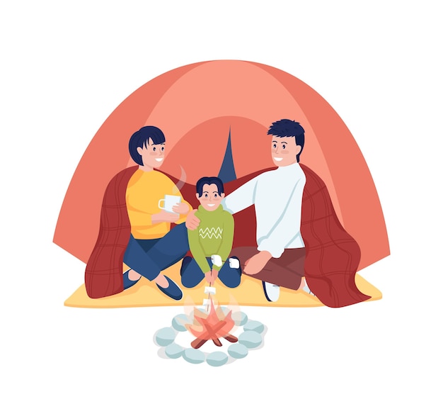 Parents with child camping semi flat color vector characters