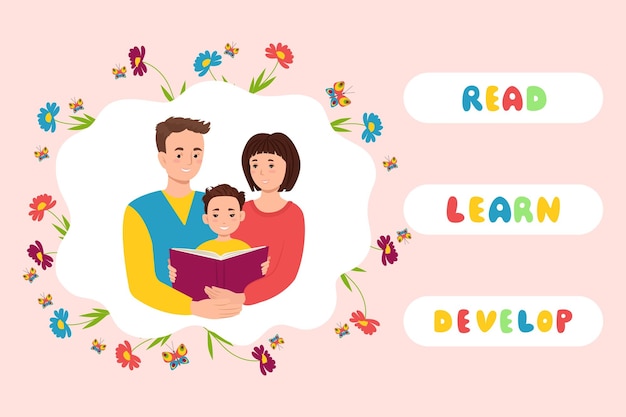 Parents with a child reading a book Read Learn Develop a banner Vector illustration