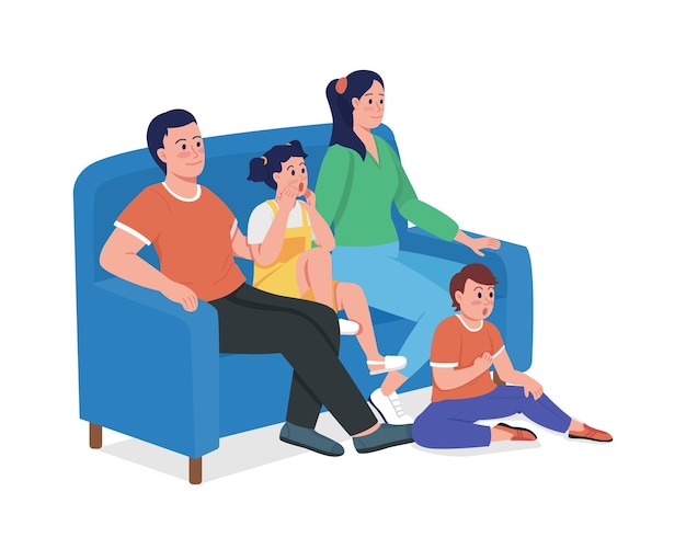 Parents with children sitting on couch semi flat color vector\
characters. full body people on white. creating unique bond\
isolated modern cartoon style illustration for graphic design and\
animation