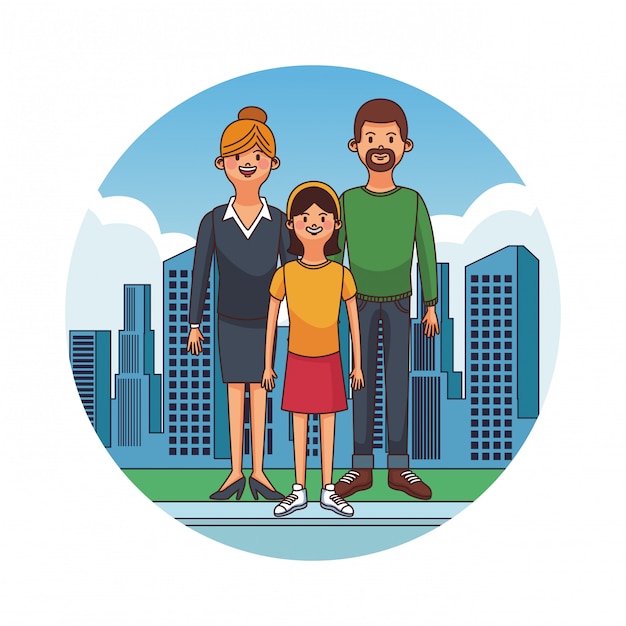 Parents with daugther at city cartoons vector illustration graphic design