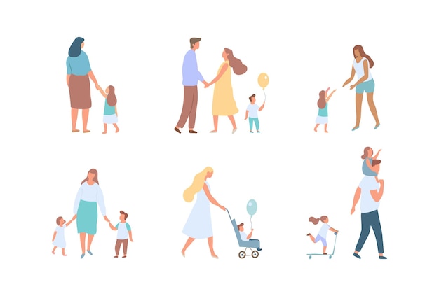 Vector parents with kid family parents silhoette flat vector collection