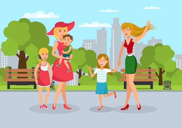 Parents with kids meet on walk flat illustration