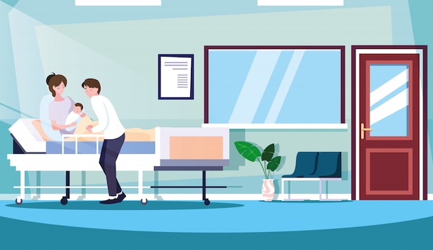 Vector parents with newborn in stretcher hospitalization room