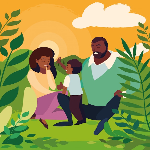 Vector parents with son family in day landscape