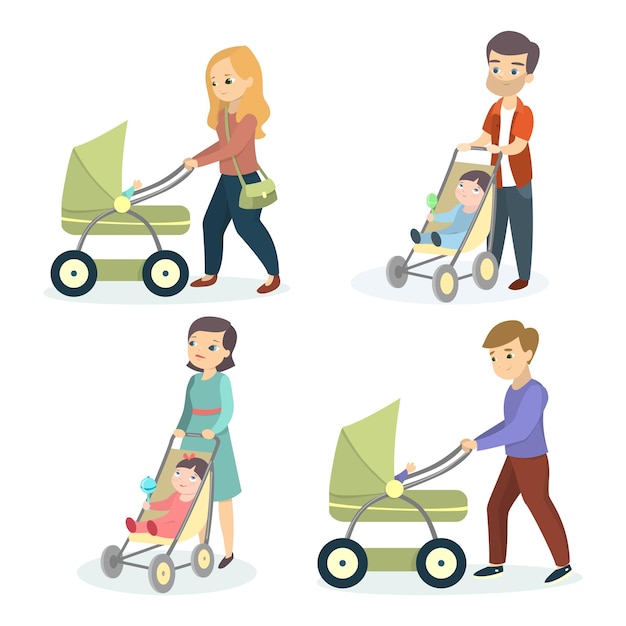 Vector parents with strollers mothers and fathers walk with children