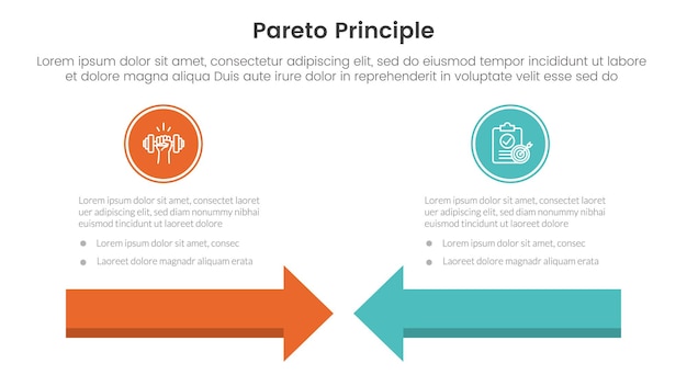 Pareto-principe vergelijking of versus concept voor infografische sjabloon banner met pijl kop tegen kop met twee punt lijst informatie