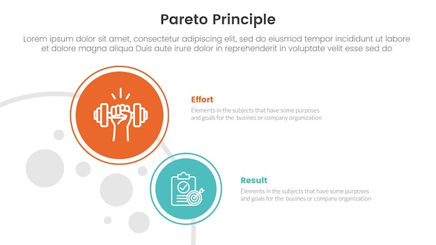 Vettore confronto del principio di pareto o concetto contro per il modello di infografia banner con cerchio grande e piccolo nella colonna di sinistra con informazioni di lista a due punti