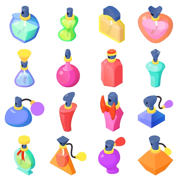 Parfumflesjes pictogrammen instellen. Isometrische illustratie van 16 vectorfiguren van parfumflessen voor Web