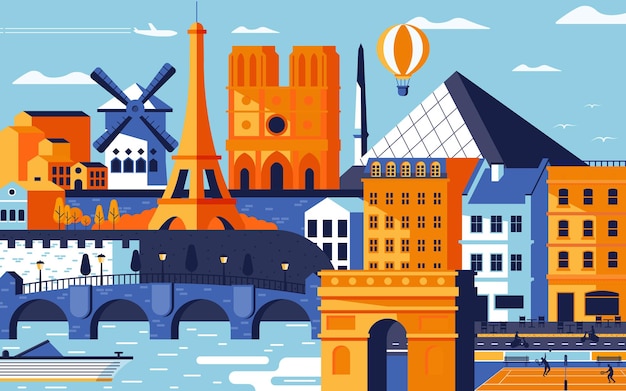 Parijs stad kleurrijke platte ontwerpstijl. stadsgezicht met alle bekende gebouwen. skyline parijs stad compositie voor design. reizen en toerisme achtergrond. vector illustratie