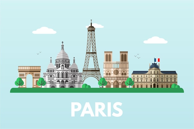 Modello di banner della città di parigi illustrazione di notre dame della torre eiffel con lo spazio del testo francia capitale europa monumenti famosi in tutto il mondo e attrazioni turistiche elementi di design dei cartoni animati