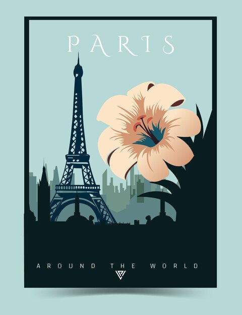 Vector paris city poster illustration cityscape poster with eifel tower european summer vacation