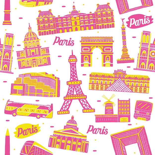 Paris city seamless pattern with landmarks elements