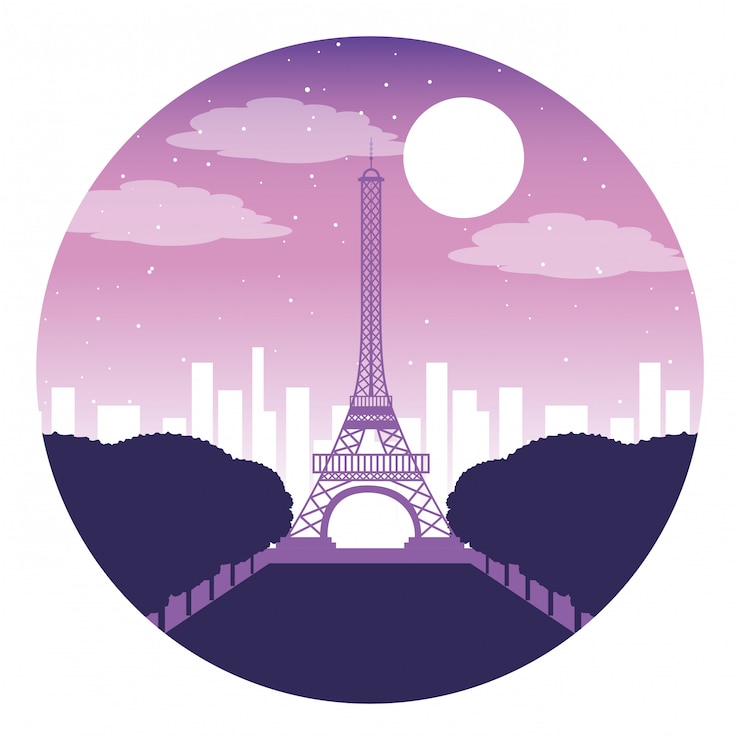 Vector paris eiffel tower city night moon