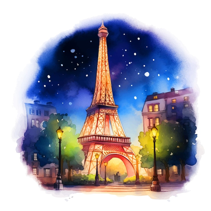 Vector paris eiffel tower at night watercolor paint