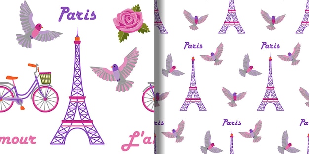 パリの刺繡のシームレスなパターンは、エッフェル塔とテキスタイルプリントの鳥で設定されています